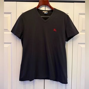 Burberry Men’s Black V-Neck Tee with Red Emblem